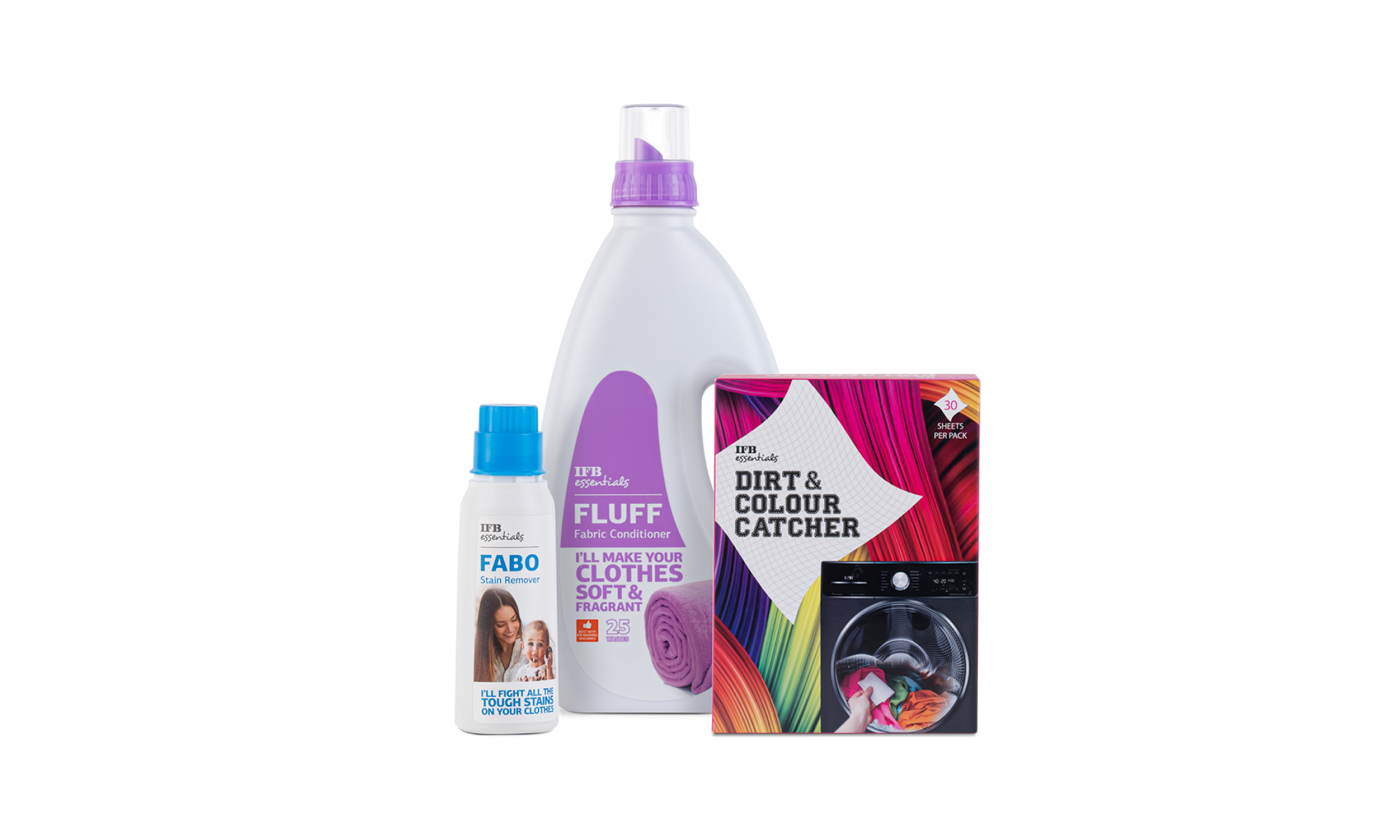Fabo Stain Remover + Fluff Conditioner + Dirt & Colour Catcher